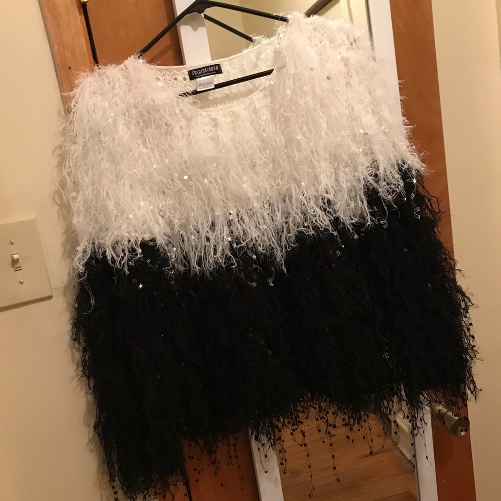 Black & White Fuzzy Boatneck Sweater